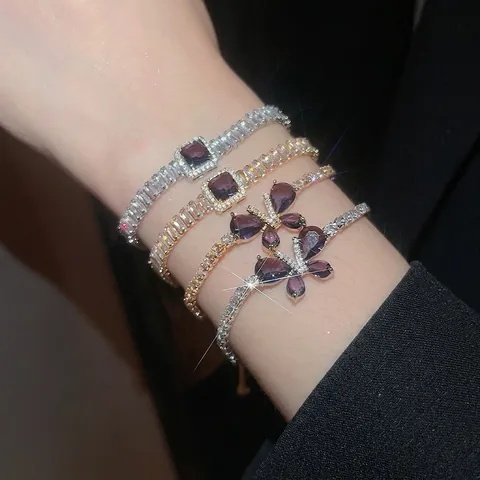 Elegant Butterfly Square Purple Zircon Bracelet Copper Adjustable Slider Tennis Chain Jewelry For Women
