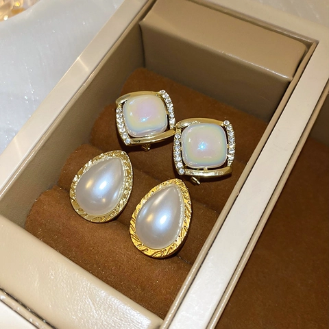 Pendientes De Botón Cuadrados Y De Gota Con Poste De Oreja De Plata Aleación Resina Pedrería Imitación Perla Artificial Vintage Francés Para Mujeres