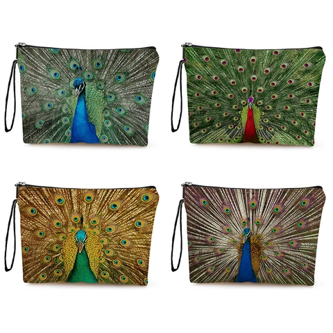 Borsa Trucco Con Stampa Pavone Lino Pochette Cosmetici Con Cerniera Organizzatore Da Viaggio Con Cinturino Per Donne