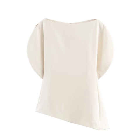 Damen Puff Kurzarm Bluse Top Asymmetrischer Saum U-Boot Ausschnitt Unsichtbarer Reißverschluss Elegant Polyester