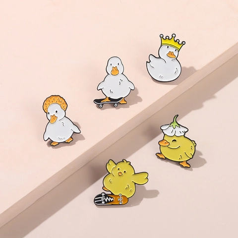 Creative Cartoon Duck Enamel Brooch Pin For Women Kids Cute Skateboard Crown Animal Metal Badge Jacket Backpack Jewelry