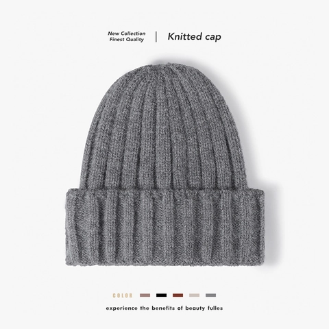 Gorro De Punto Acanalado Para Mujer Cálido Grueso Imitación Cachemira Invierno Exterior Dobladillo Suave Color Sólido