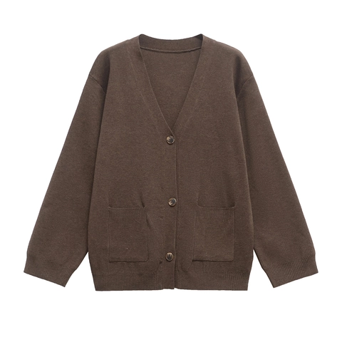 Women Casual V-Neck Knit Cardigan Long Sleeve Button Down Solid Color Sweater With Patch Pockets Loose Fit Ribbed Knitwear