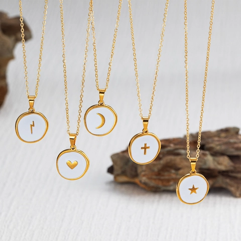 Hanger Ketting Roestvrij Staal 18K Verguld Rond Witte Schelp Hart Maan Ster Kruis Elegante Dames Sieraden