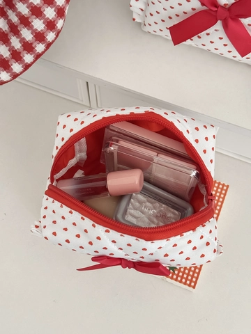 Süße Gesteppte Baumwolle Make-up Tasche Rote Herz Druck Schleife Rüschen Koreanische Ins Stil Tragbare Kosmetiktasche
