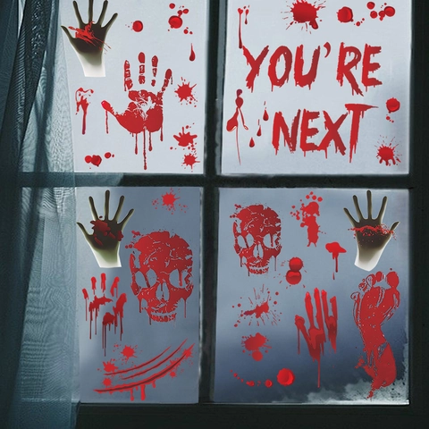 Halloween Bloody Handprint Wall Stickers Horror Skull PVC Decals For Window Party Decoration Horror Self Adhesive