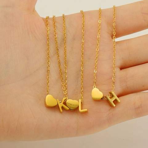 Stainless Steel Necklace 18K Gold Plated Heart And Initial Letter Pendant Minimalist Dainty Jewelry For Women