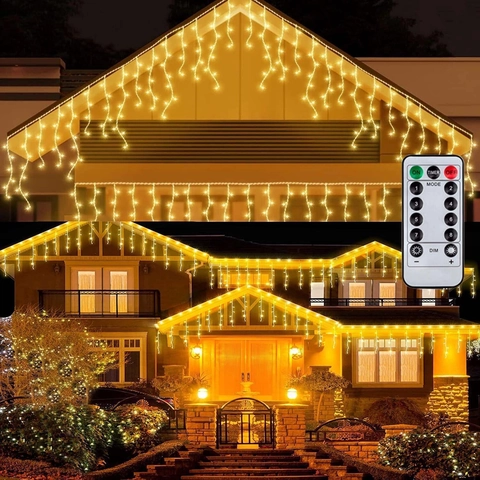 LED Icicle String Lights PVC Waterproof Eight Modes Remote Control Outdoor Eave Garden Christmas Holiday Wedding Decor