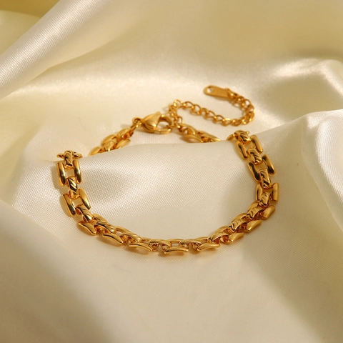 Chain Bracelet 18K Gold Plated Stainless Steel Geometric Links Adjustable Lightweight Jewelry For Women