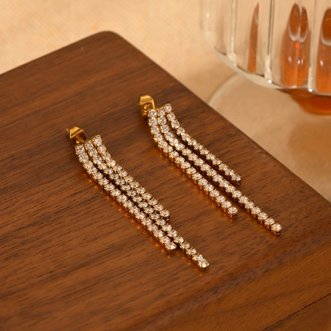 Elegant Long Tassel Drop Earrings Stainless Steel With Zircon Rhinestone Shiny Luxury Party Jewelry For Women