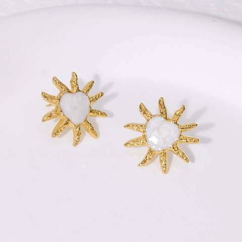 Sunflower Stud Earrings 18K Gold Plated Stainless Steel Heart Center Enamel Vintage Trendy Jewelry For Women Daily Wear