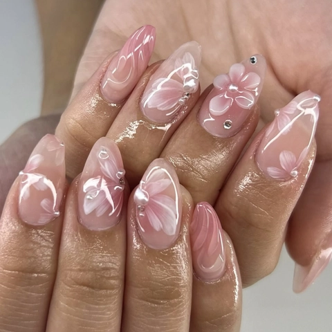 Press On Nagels Lange Amandelvorm 3D Bloem Ontwerp Kunstparel Rhinestone Roze Verloop Kunstnagels Elegant Voor Vrouwen