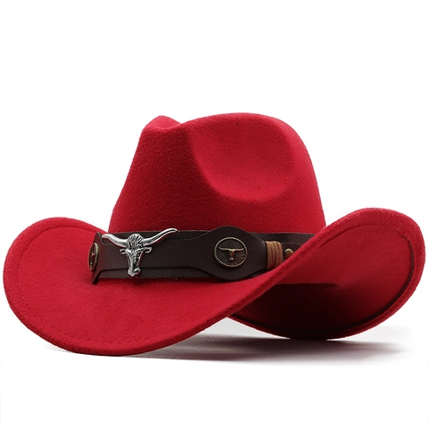 Western Cowboy Hat Felt Wide Brim Vintage Style Bull Head Metal Ornament Leather Band For Men Women Outdoor