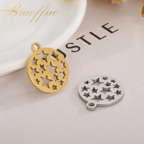 Round Star Cutout Pendant Stainless Steel Hollow Starry Sky Charm For DIY Necklace Jewelry Making Accessories