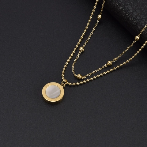 Double Layer Necklace Titanium Steel Gold Plated Round Pendant Roman Numerals Shell Inlay Elegant Fashion Jewelry Women