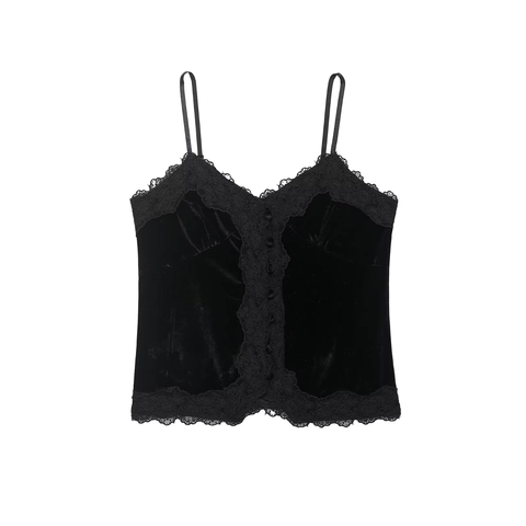 Samt Spitze Patchwork Camisole V-Ausschnitt Spaghettiträger Knopf Vorne Schlanke Passform Cropped Tank Top Für Damen Sexy