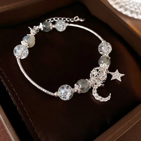 Pulsera De Amuletos Con Cuentas De Estrella Y Luna Cobre Circonita Cristal Ajustable Joyería Elegante De Moda Para Mujeres Niñas