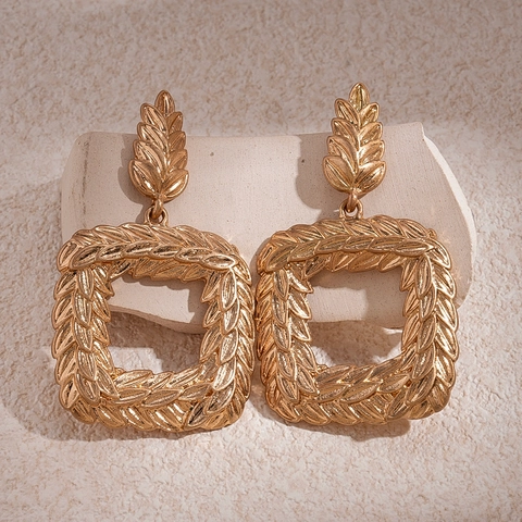 Square Hollow Drop Earrings Alloy Metal Wheat Texture Geometric With 925 Sterling Silver Earring Post For Women Vintage