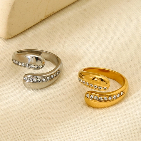 Stainless Steel Open Ring Waterproof 18K Gold Plated Rhinestone Water Drop Crossover Elegant Adjustable For Women