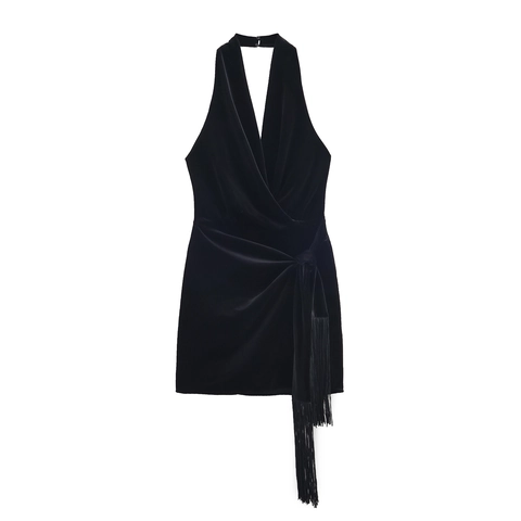Vestito Mini In Velluto Scollo All'Americana Sexy Schiena Scoperta Aderente Con Nappe Senza Maniche Scollo A V Nero Party