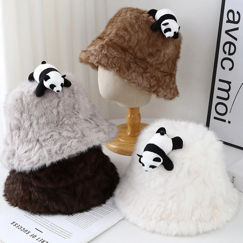 Faux Rabbit Fur Bucket Hat With Cute Plush Panda Doll Warm Winter Windproof Novelty Solid Color Basin Hat For Women