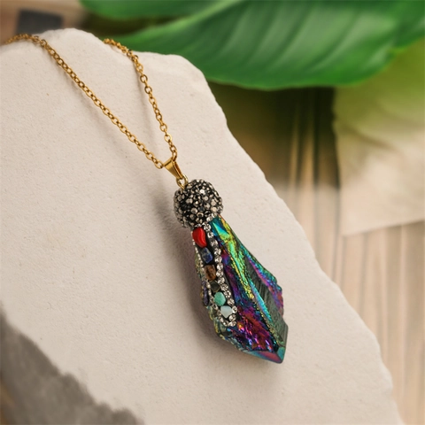 Natural Crystal Prism Pendant Necklace Copper Gold Chain Rainbow Electroplated Colorful Rhinestone Bohemian Jewelry