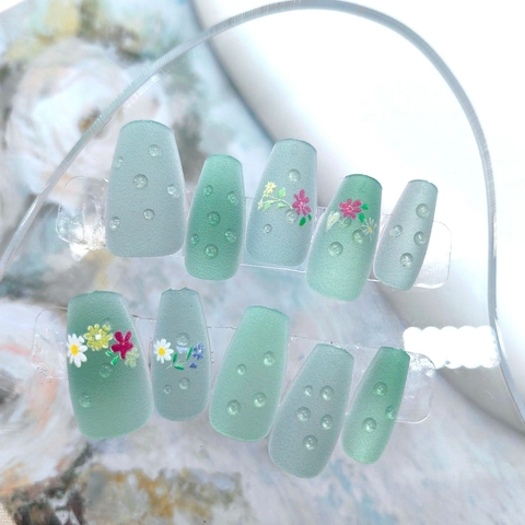 Matte Groene ABS Press On Nagels Bloemenprint 3D Waterdruppels Ballerina Coffin Kunstnagels Franse Manicure