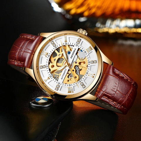 Men's Automatic Mechanical Watch Skeleton Dial Luminous Waterproof Business Fashion Wristwatch With Stainless Steel Or Leather Strap
