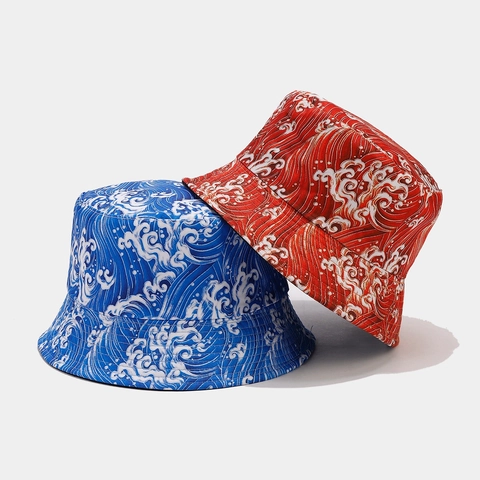Fischerhut Baumwolle Polyester Wendbar Japanisch Ukiyo-e Meereswellenmuster Doppelseitig Sonnenschutz Mode Lässig