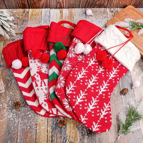 Calza Di Natale In Maglia Decorazione Appesa Motivo Renna Fiocco Di Neve Per Camino Albero Con Pon Pon