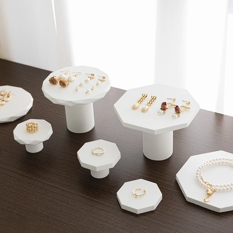 Minimalist White Gypsum Jewelry Display Stand Geometric Round Octagonal Tray For Earrings Rings Necklaces Props