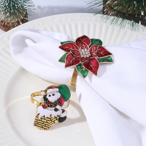 Christmas Napkin Rings Alloy Enamel Santa Claus Poinsettia Flower Rhinestone Dining Table Decor Festive Wedding Party