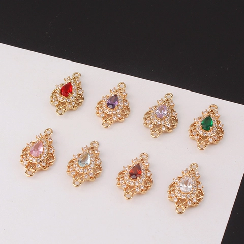 Vintage Pear Cut Zircon Copper Pendants DIY Jewelry Making Gold Plated Water Drop Hollow Filigree Connector For Necklace