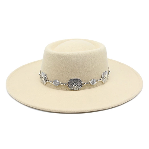 Breitkrempiger Fedora Hut Filz Flacher Kopf Metallkette Dekorative Westlicher Bohemien Stil Vintage Für Damen Herren