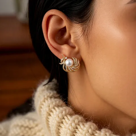 Orecchini Lobo Perla Artificial Piuma Stile Vintage Perno Argento Placcato Oro 18k Zirconia Gioielli Squisiti Francesi Per Donna