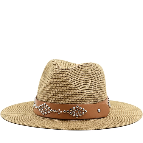 Vintage Stroh Fedora Hut Für Herren Damen Western Cowboy Strand Sonnenhut Mit Nietengürtel Breite Krempe Geflochtener Strohhut