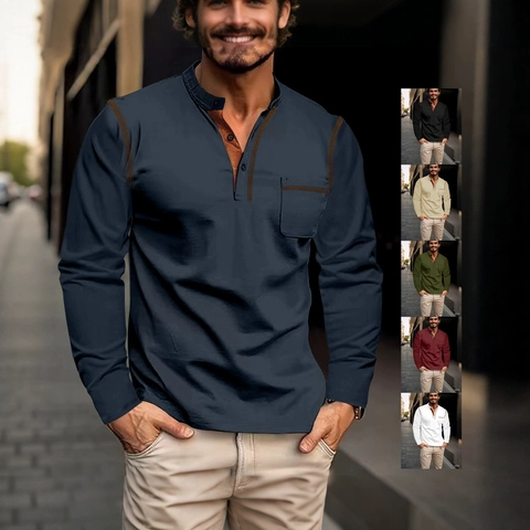 Maglia Henley Uomo Maniche Lunghe Poliestere Spandex Traspirante Casual Slim Fit Cuciture A Contrasto Con Taschino