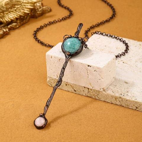 Collana Con Pendente In Rame Vintage Amazonite Naturale Quarzo Rosa Cristallo Forma Scettro Gioielli Retrò Per Donna