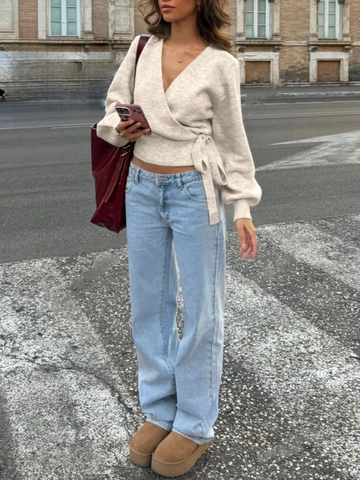 Women V Neck Wrap Sweater Knitted Top Long Sleeve Side Tie Slim Fit Solid Color Elegant Cardigan Streetwear Soft