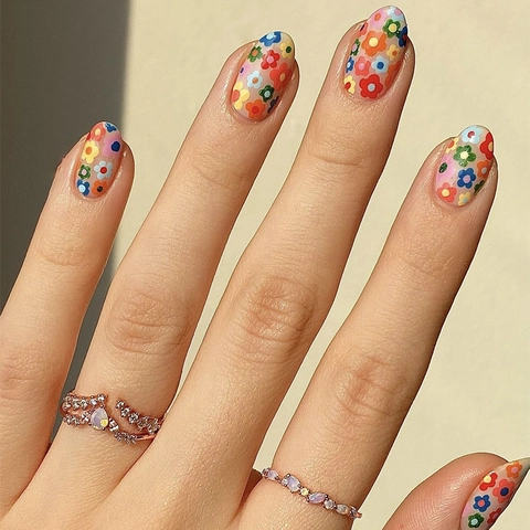 Floral Press On Nails Multi Color Small Flower Summer Sweet Artificial Fake Nails For Women Manicure Decor