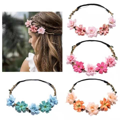 Floral Wreath Headband Artificial Satin Flower Garland Forest Style Elastic Hair Band For Wedding Beach Vacation Party Women