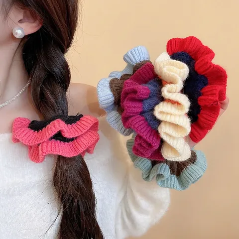 Knitted Woolen Yarn Hair Scrunchies Color Block Ruffled Pleated Elastic Hair Ties Autumn Winter Headwear For Women