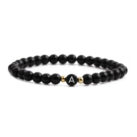 Bracciale Perline Iniziale Alfabeto Ciondolo Cuore Pietra Nera Opaca Corda Elastica Gioielli Donne Uomini