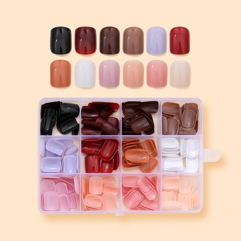 Uñas Postizas Brillantes De Colores Sólidos Múltiples Uñas Falsas Cortas Cuadradas Redondas Con Caja De Almacenamiento Para Mujer