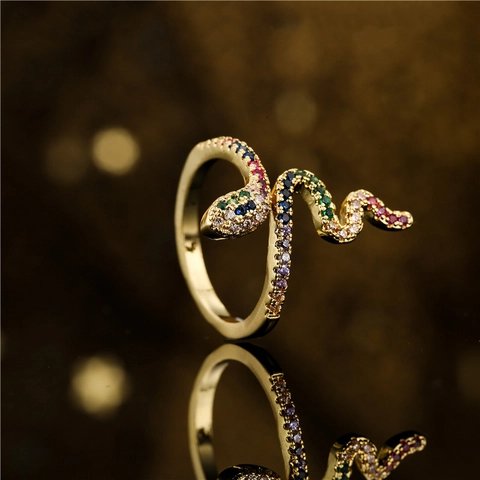 Snake Shaped Open Adjustable Ring Gold Plated Copper Colorful Cubic Zirconia Micro Pave Animal Jewelry For Women Party