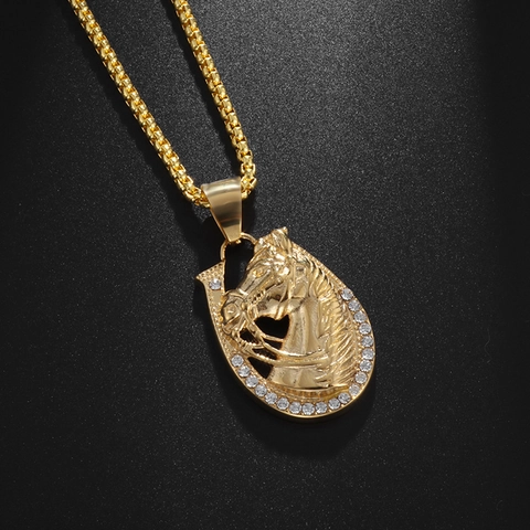Horseshoe Horse Head Pendant Necklace Alloy Rhinestone Hip Hop Fashion Jewelry Men Women Electroplated Box Chain Punk Style