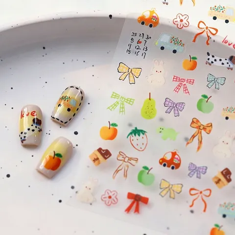 Adesivi Unghie Cartoni Animati Disegnati A Mano Frutta Animale Fiocco Rilievo Autoadesivi Per Donne Ragazze DIY
