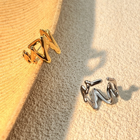 Edelstahl Wellen Offener Ring Unregelmäßiger Flüssigmetall Stil Minimalistischer Verstellbarer Schmuck Für Damen