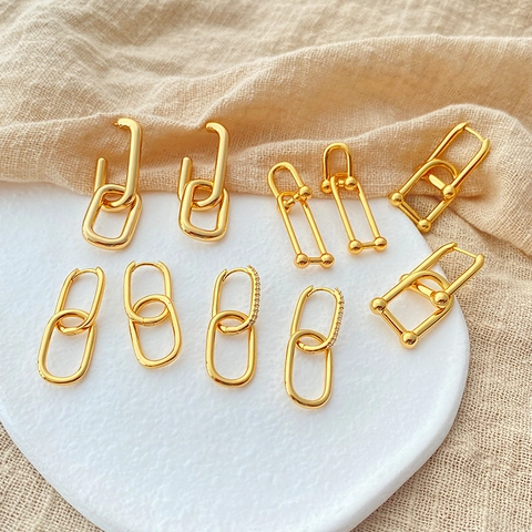 Geometric Double Hoop Earrings 18K Gold Plated Copper Zircon Minimalist French Style U-Shape Chain Link For Women