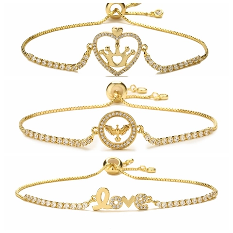 Adjustable Copper Bracelet Gold Plated Micro Pave Zircon Heart Crown Angel Love Charms Fashion Jewelry For Women